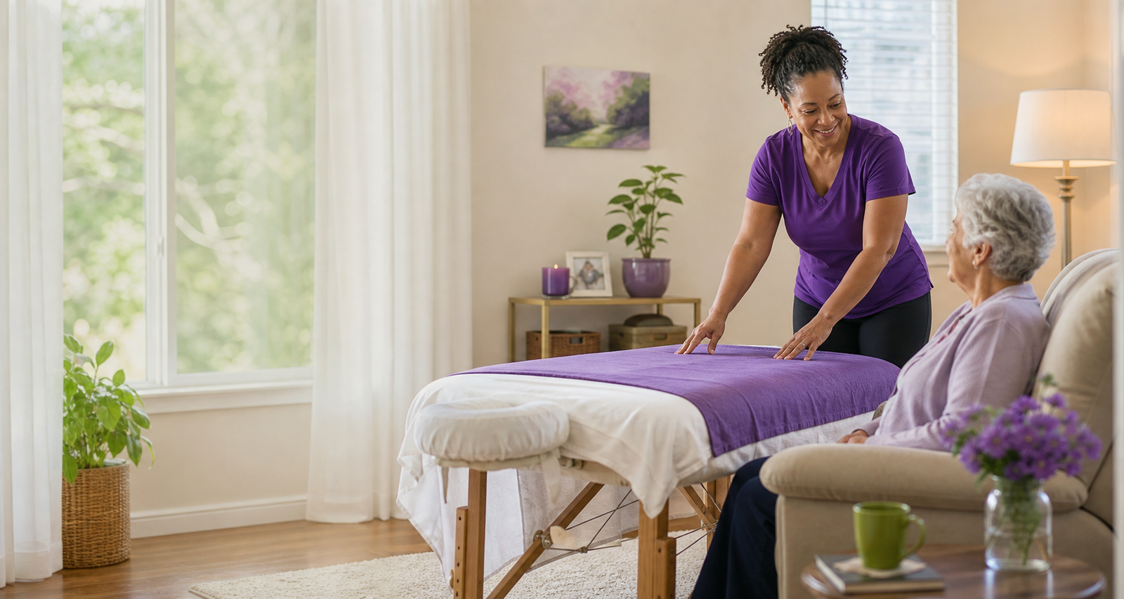A massage therapist setting up an in-home massage table beside an older adult client.